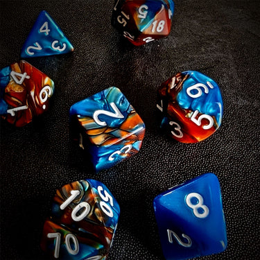 Blend of Orange & Blue Acrylic - 7pcs RPG Full Dice Set Scatter